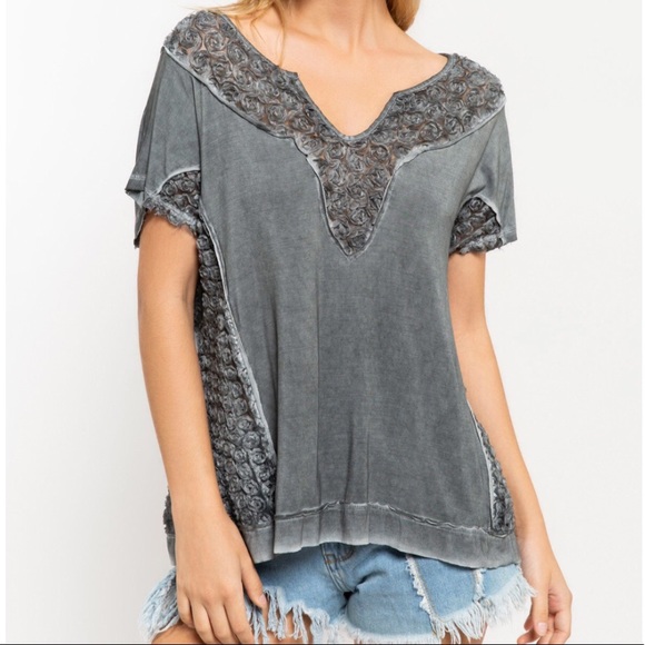 POL Tops - Floral Lace Charcoal Wash Top
